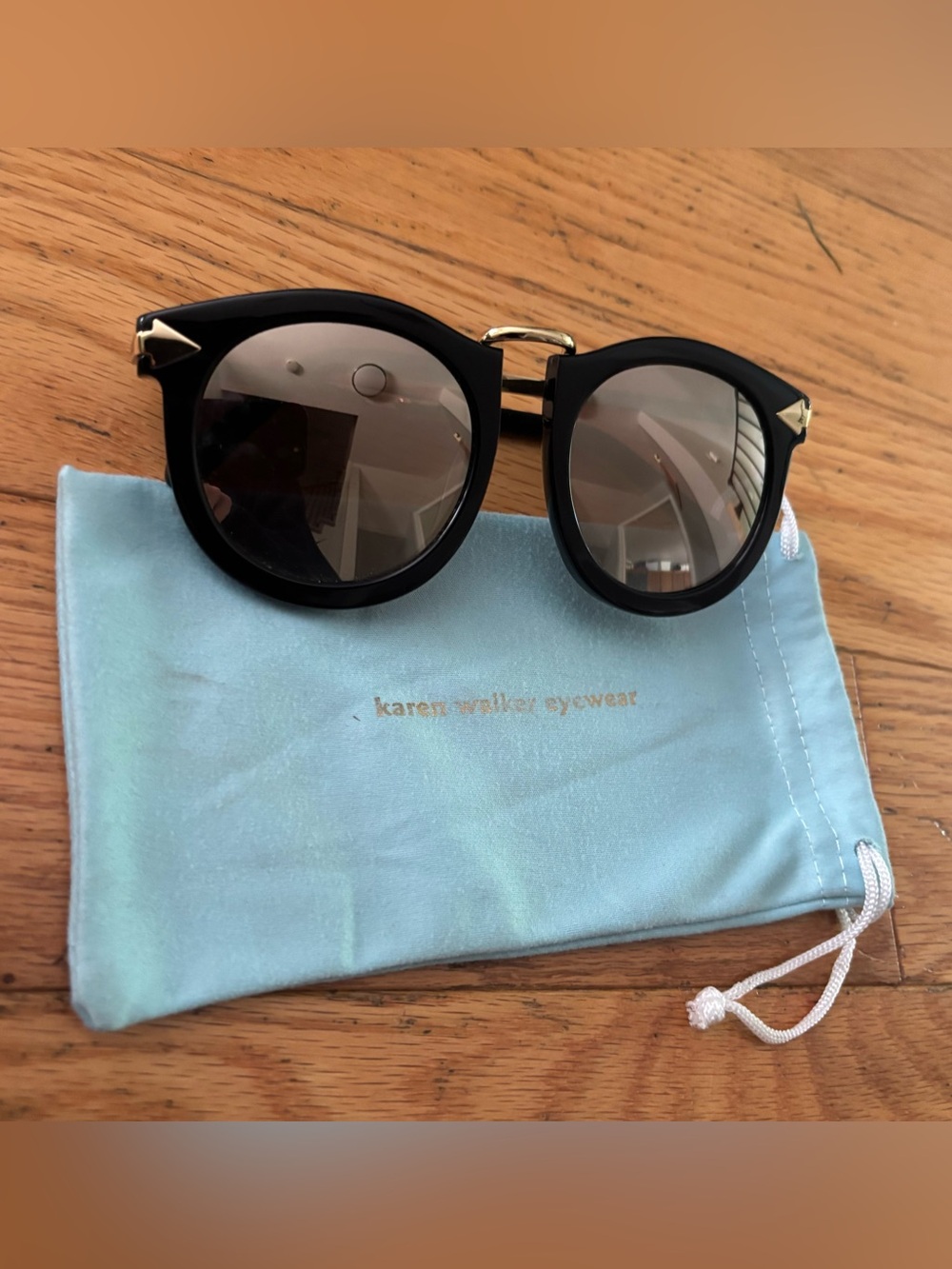 Karen Walker Black Super Lunar Round Sunglasses with Gold Accents